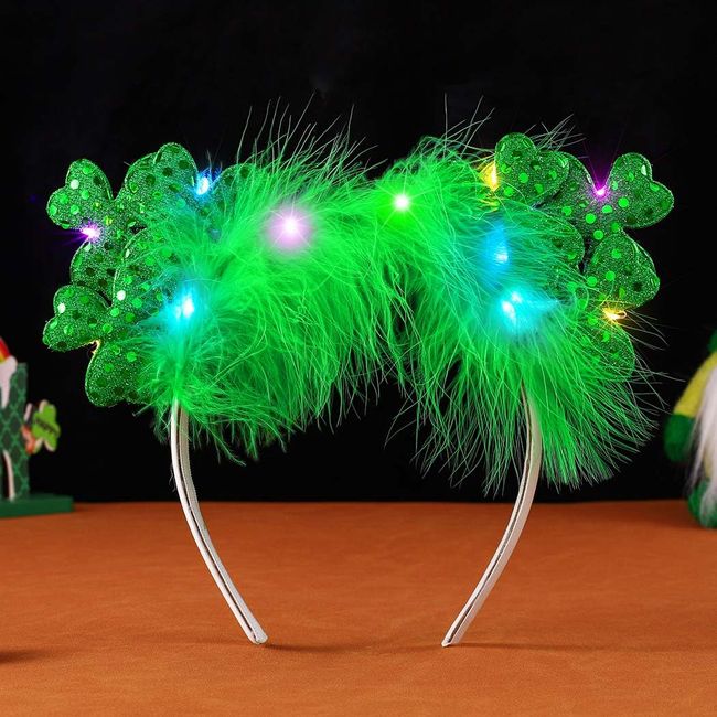 CAKURE Light up St Patricks Day Headband LED Shamrock Cat Ear Headpiece Green Feather Hairband Holiday Party Costume Headwear Hair Accessories