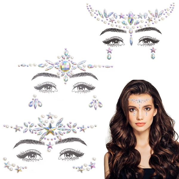 ZXCHOME 3 Pezzi Gemma Viso Gioielli Adesivi per Musica Festival Festa Vacanze, Strass Viso Gemme per Halloween Natale, Viso Glitter Sticker Tatuaggio Temporaneo per Compleanno Carnevale