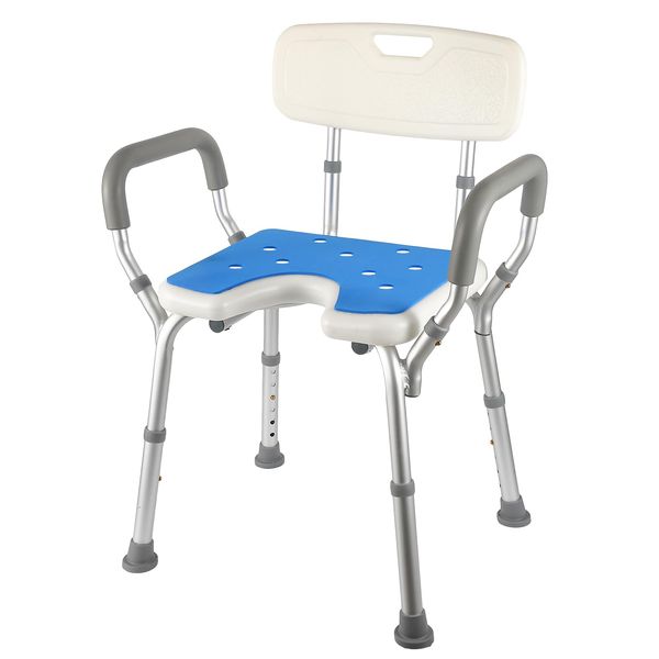 Beraxy Shower Chair, Bath Chair, U-Shaped Seat, Height Adjustable 14.6 - 19.7 inches (37 - 50 cm), Load Capacity 330.7 lbs (150 kg), Backrest, Nursing Care, Anti-Slip Leg Cap, Aluminum Frame,