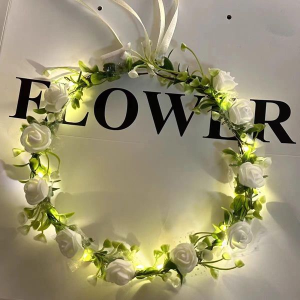 Seadiquiet White Vintage LED Flower Crown, Glow Flower Wreath Headbands Luminous Led Bridal Headpiece Wedding Headdress Hair Hoop Party Hair Accessories