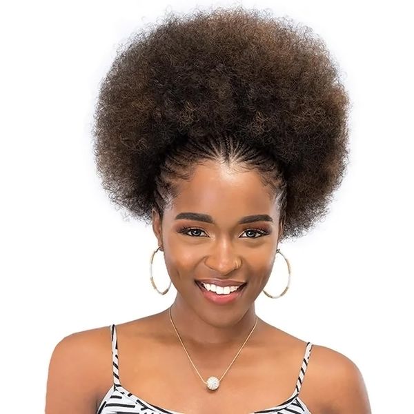 ColorfulPanda Haarteil Afro Locken Dunkelbraun Dutt Haar Bun mit Elastischer Kordelzug Puff Clip in Kurz Curly Pferdeschwanz Haarteil Kunsthaar Updo Haarverlängerung zopf Natürlich für Frauen