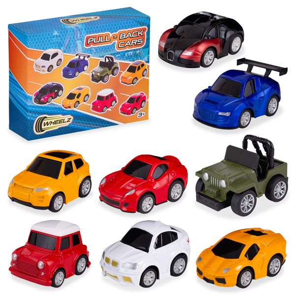 Wheelz Pull Back Cars For Kids - Set of 8 Diecast Toy Cars For 3 Year Old Boys - Boys Racing Cars - Toddler Cars For 2+ Year Old Boys