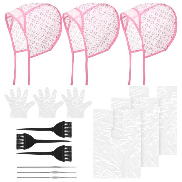 15PCS Hair Highlighting Kit Includes Highlight Caps for Hair, Hair Highlighting Crochet Hooks, Dye Brushes, Gloves,Hair Dye Shawl,for Salon Hair Dyeing Hairdressing(Pink)