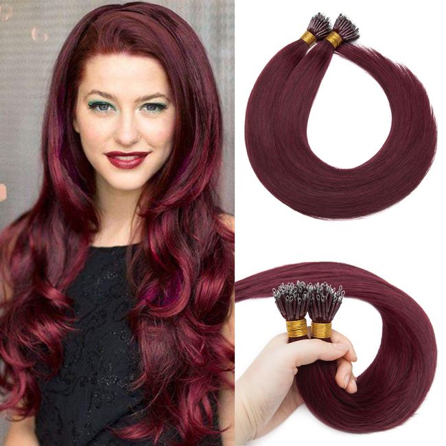 S-noilite Nano Ring Tip Human Hair Extensions Pre Bonded Nano Bead Hairpieces Burgundy Cold Fusion Micro Link Loop Remy Hair 50g 50 Strands For Women Beauty 20Inch #99J Wine Red