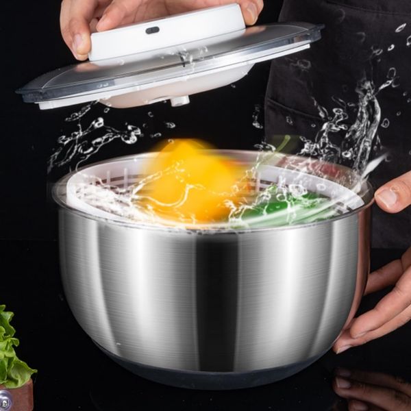 Vegetable Colander, Electric Salad Spinner, Vegetable Spinner, Dehydrator, Automatic Electric Salad Spinner, Salad Spinner, Vegetable Spinner, Vegetable Drainer, Round, USB Rechargeable, Includes Lid