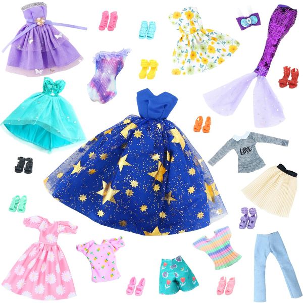 BLIJOLA Doll Clothes and Accessories Fashion Pack 24Pcs, Wedding Gown Casual Dresses Daily Tops Pants Outfits Party Dresses Sequins Mermaid Tail Swimsuit and Shoes for 11.5 inch Girl Doll(Style B)