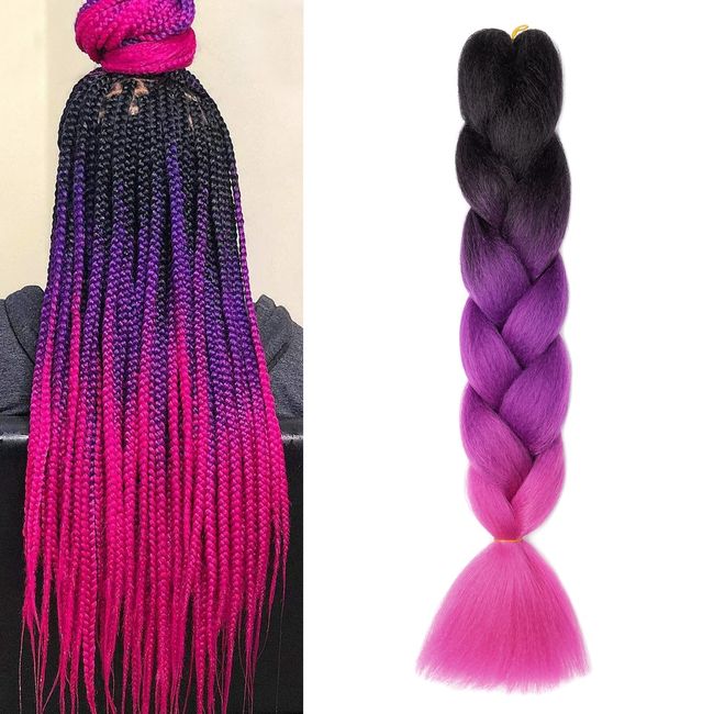 Gairyan Jumbo Braids Extensions Flechten Kunsthaar zum Einflechten Haar 1 Stück 100g Braiding Hair 60cm Ombre Synthetik Zöpfe Afro Hair für Box Crochet Braids (Schwarz & Lila & Rose Red)