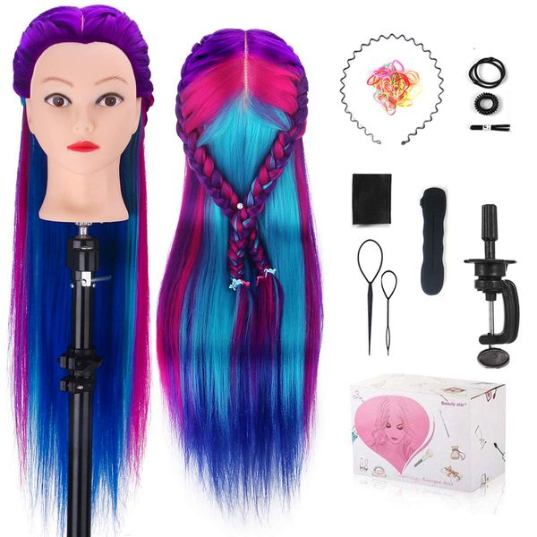 Mannequin Head with Hair, MYSWEETY 28" Mannequin Head Hair Styling Training Head Manikin Cosmetology Doll Head Synthetic Fiber Hair with Table Clamp & Braiding Kit Purple