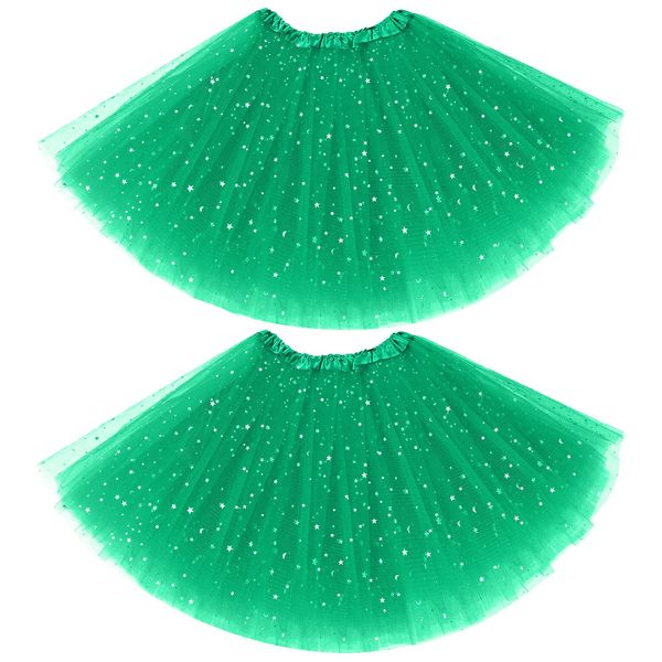 Haysandy 2 Pack Mardi Gras Women Tutu Skirt Adult Tutu Elastic Layered Tulle Tutu with Sequin Stars 80s Costume(Green)