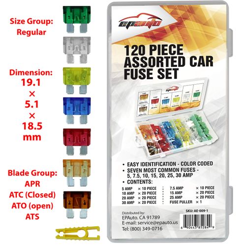 120 Pieces - EPAuto Assorted Car Truck Standard Blade Fuse Set (5/7.5/10 / 15/20 / 25/30 AMP)