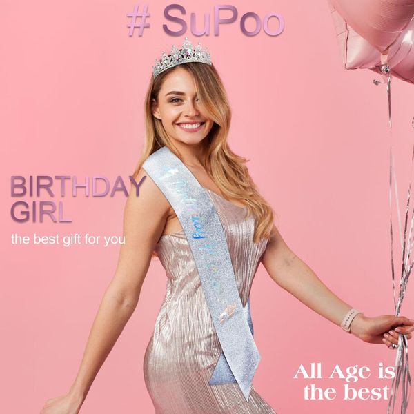 SuPoo Silver Birthday Sash and Crown Kit Princess Crown Birthday Tiara Birthday Girl Crown with Comb Glitter Birthday Sash for Women Crystal Tiaras for Girls Headband Happy Birthday Decorations Gifts