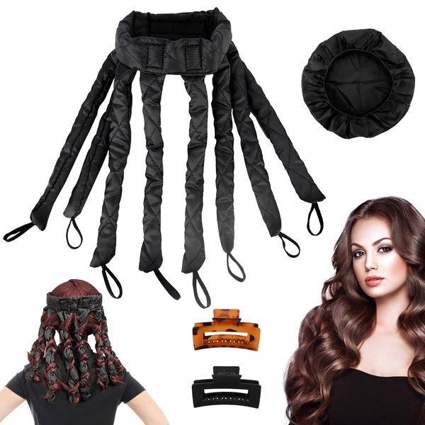 welltop Heatless Hair Curler, Satin No Heat Hair Curling Rod Headband for Long Hair with Silk Sleep Cap and 2 Hair Clips, Soft Rollers Hair Curlers to Sleep in Overnight for Women Girl, Black