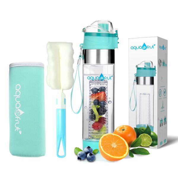 NEW AquaFrut Bottom Loading Fruit Infuser Water Bottle Complete Bundle Includes Bottle Brush, Insulating Sleeve & Infusion Recipe eBook. Leak Proof Sweat Proof BPA-Free (Teal)