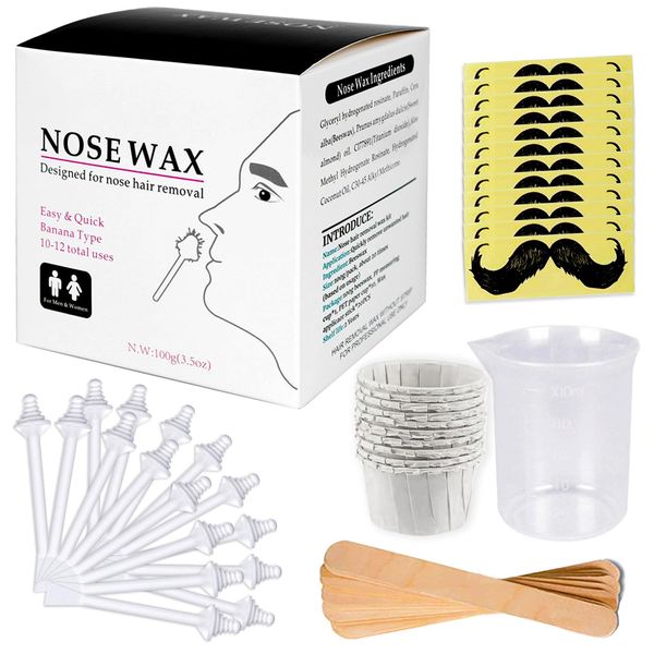 Nose Wax Kit Nasenhaar Wachs Haarentfernung Set für Männer und Frauen 100 g Nasenhaarwachs, 20 sicheren Spitzenapplikatoren, 10 Behältern und 10 Schnurrbart Schablonen Sicher, einfach, schnell