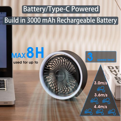 Digibond Small Fan, High Power Silent Desk Fan Portable USB Fan 3000mAh Rechargeable Battery Powered, 3 Speed 5.3in with Night Light/Hook,180°Rotated Easy Clean (Black)