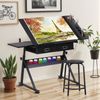 Drafting Table Art Desk Adjustable Height Drawing Table w/ 2 Drawers Stool Black