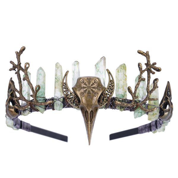 CoTeeZa Green Fairy Crystal Crown - Handmade Raw Quartz Tiara with Bronze Crow Branch Moon Elf Headpiece Fantasy Forest Witch Crown Wedding Renaissance Halloween Cosplay Woodland Headband