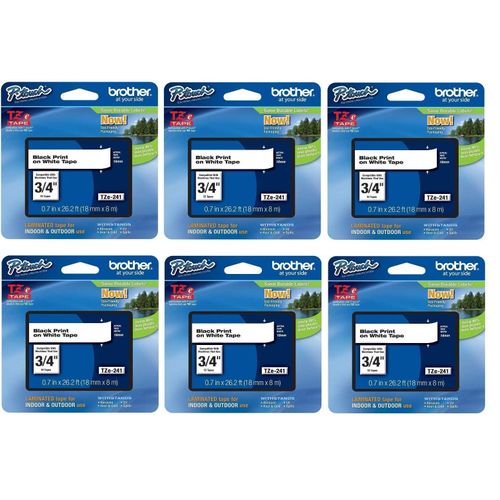 Brother Genuine P-Touch 6-Pack TZe-241 Laminated Tape, Black Print on White Standard Adhesive Laminated Tape for P-Touch Label Makers, Each Roll is 0.7"/18mm (~ 3/4") Wide, 26.2 ft. (8M) Long