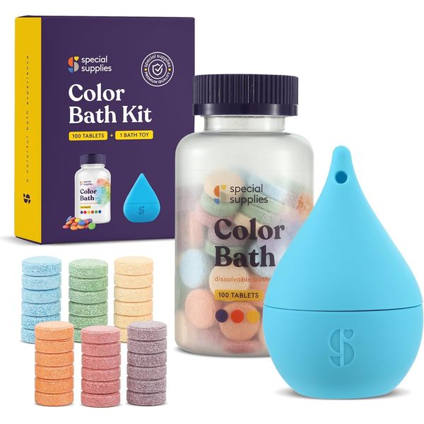 Special Supplies Color Bath Tablets for Kids, 100-Count, Dissolvable, Water Color-Changing Fun, Non-Staining Dye, Cute Toy Included