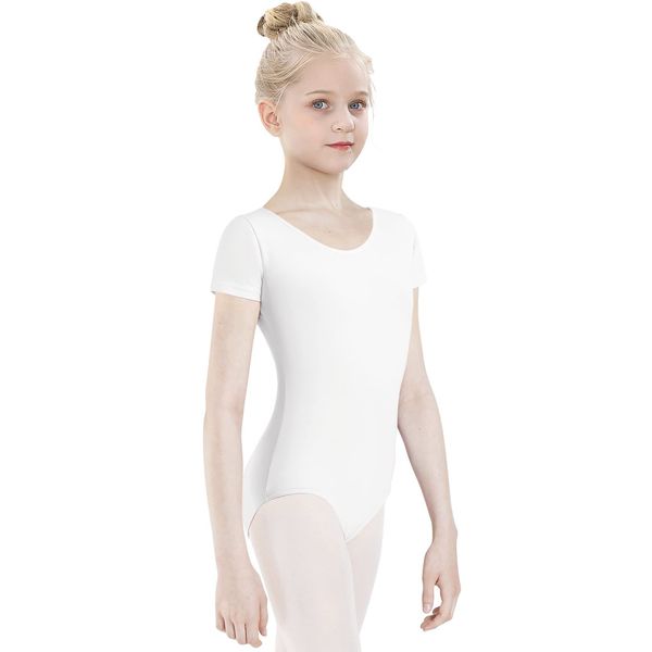 tanzdunsje Ballet Leotard for Girls Women-Black leotard Gymnastics Leotard short sleeve - Dance Leotard Pink for Toddlers Kids Adults(Size 100-170) (white, 140)