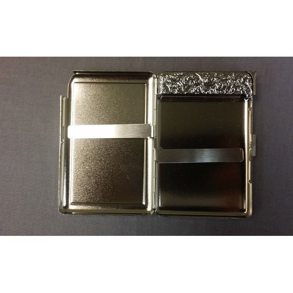 Cigarette Case with Built in Lighter Vintage Psychedelic Trippy S9 Smoking King Size Cigarettes Silver Metal Wallet 4" X 2.75" RFID Protection Weird Strange