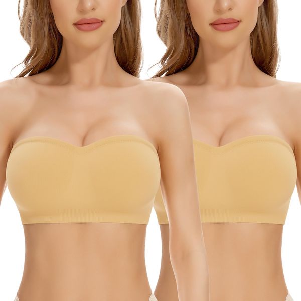 Cavotor Strapless Push Up Bra for Women Bandeau Bra Padded Stay Up Non-Slip Silicone Supportive Strapless Bras for Bigger Bust Non Wired Stretchy Comfort Bralette (Beige+Beige,M)