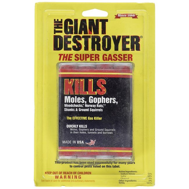 The Giant Destroyer (GAS KILLER) (12/4PK TOTAL) 48 kills Moles, Gophers, Woodchucks, Norway Rats, Skunks, Ground Squirrels in their Holes, Tunnels, Burrows. NO dealing w/ dead pest, better than traps