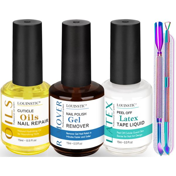 LOUINSTIC Gel Nail Polish Remover - Gel Polish Remover Kit with Cuticle Oil & Latex Tape & Colored Peel Off Manicure Tools, Gel Remover for Nails 2-5 Minutes, No Soaking,Wrapping