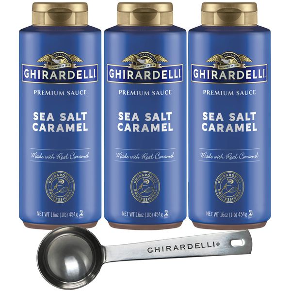 3 Pack - Ghirardelli - Sea Salt Caramel Flavored Sauce - 17 Oz Squeeze Bottle with Limited Edition Measuring Spoon