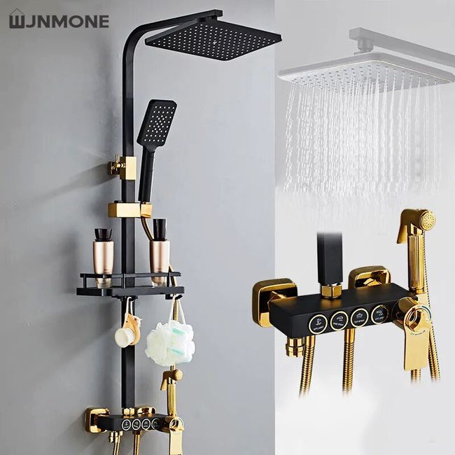 Black Gold Faucet Shower System Bathroom Toilet Rack Thermostatic Big Shower  Faucet Set Copper