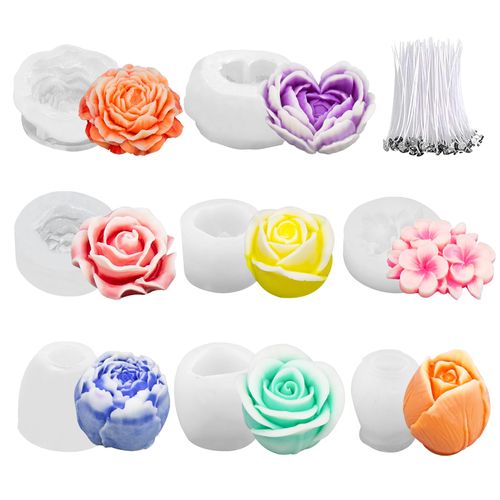 MGLIFEUL 8Pcs Rose Flower Tulip Peony Heart Candle Soap Wax Mold Valentine Day Silicone for Small Butter Candles Chocolate Making Molds Silicones Shapes Moldes De Rosas Silicona para Velas
