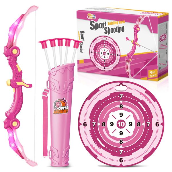 SpringFlower Bow and Arrow Toys with LED Flash Lights for Girls 5 6 7 8 9 10 Year Old, Archery Set Indoor Outdoor Activity with 10 Suction Cup Arrows,Quiver & Target,Birthday for Girls