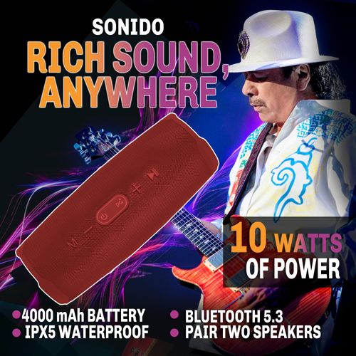 Santana Sounds Sonido Portable Bluetooth Speaker – 10 Watt Waterproof Outdoor Speaker - High-Definition Sound - Pairing Capability - Up to 20 Hours Playtime - Impact Resistant | Red