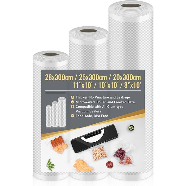 3 Rolls Vacuum Food Sealer Rolls, Vacuum Food Sealer Bags 28cm x 300cm & 25cm x 300cm & 20cm x 300cm, Vacuum Sealer Rolls, Vacuum Sealer Machine Bags