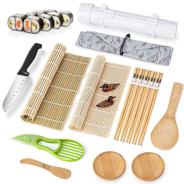 Sushi Making Kit, Sushi Roller Set, All in One Sushi Maker Kit, with Bamboo Rolling Mat, Sushi Bazooka, Chopsticks Holders, Rice Paddle, Avocado Slicer for Beginners, Kids, Family, Friends, Home