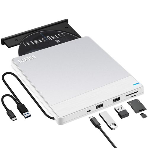 NOLYTH External CD DVD Drive: USB Burner for Laptop Mac PC MacBook Windows 11 - Portable Slim with SD/TF/2 USB Ports - Plug & Play High-Speed Read Write(Silver-White)