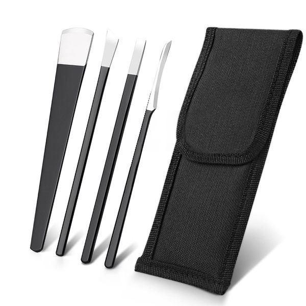 4 PCS Pedicure Knife Set Stainless Steel Ingrown Toenail Knife Correction Foot Scraper Clipper Pedicure Nail Remover Kit with Storage Bag for Calluses Beauty Salon Home Use Foot Care - Black