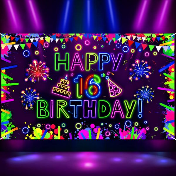 Neon Birthday Party Decorations Neon Happy 16th Birthday Banner Backdrop Glow in The Dark Party Decorations with UV Black Light Reactive for Let Glow Neon Birthday Blacklight Halloween Party Supplies