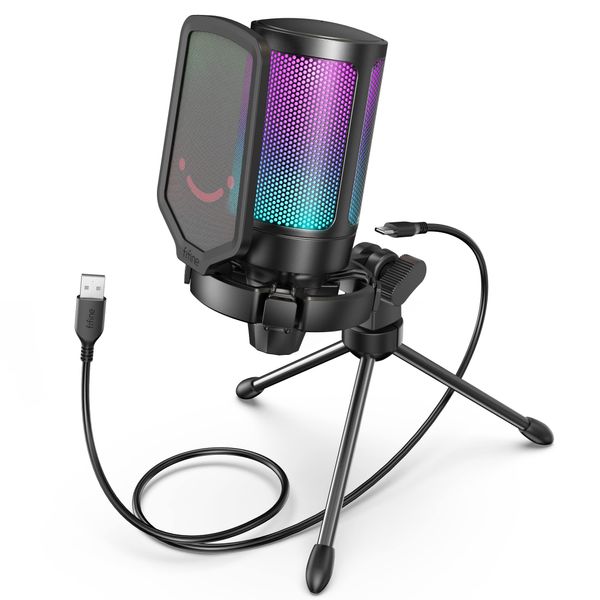 FIFINE USB Condenser Microphone, Gaming Microphone, RGB Lighting, Distribution Microphone, Cardioid Unidirectional, Plug & Play, PC/Prestige Microphone, USB-C to USB-A Cable, Includes Stand, One-Touch