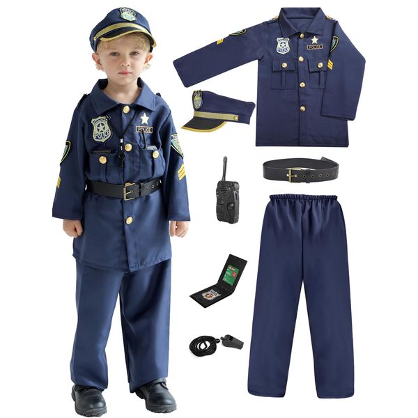 Popsunny Police Officer Costume for Kids, Cop Toys with Policeman Uniform, Hat, Whistle, Toddler Dress Up for Halloween Party, Boys Girls Birthday Gift