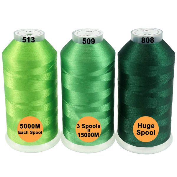 New brothread Set of 3 Different Green Colors Polyester Machine Embroidery Thread Huge Spool 5000M for All Embroidery Machines