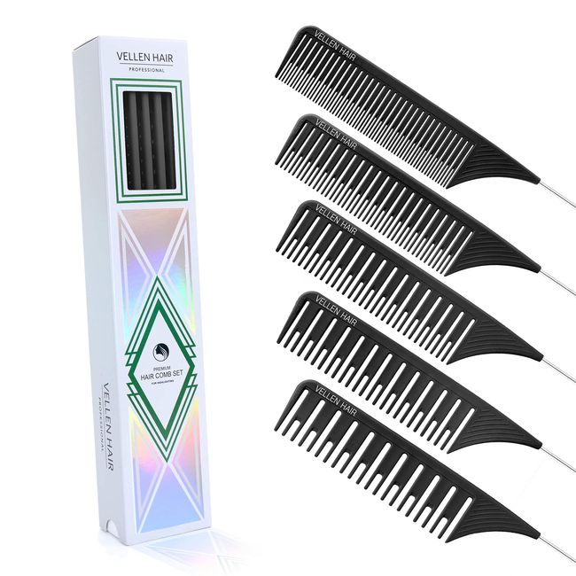 Vellen Hair Ultimate Strähnchen-Kamm-Set Hitzebeständig, PEI-Material 430°F Hitzebeständig, Professionelle Strähnchen Kamm, Balayage-Kamm mit extra langer Edelstahlnadel – 5 Größen (Schwarz)