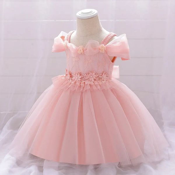 Newborn Baby Girl Birthday Baptism Dress One Shoulder Puff Sleeves Princess Dress - 73 (6-9M) / Pink