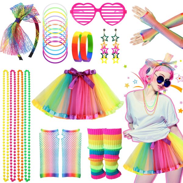 80s Fancy Dress for Women Girls, 1980s Party Rainbow Costume Accessories Set Tutu Skirt Leg Warmers Fishnet Gloves Glasses Earrings Bracelet Necklace Headband, Retro Outfit for 80s Party, Dress up Day