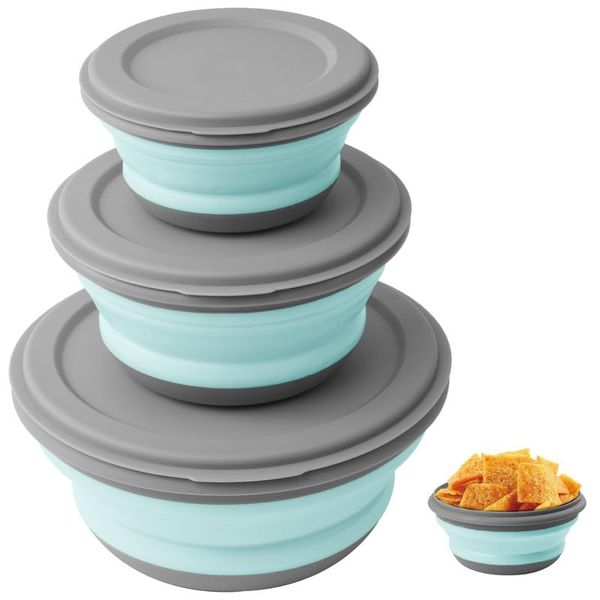 flintronic 3Pcs Collapsible Camping Bowl Sets, Portable Silicone Bowl with Lid, Folding Bowl, Portable Salad Bowl, Folding Lunch Box for Camping, Hiking, Kitchen, School, Green