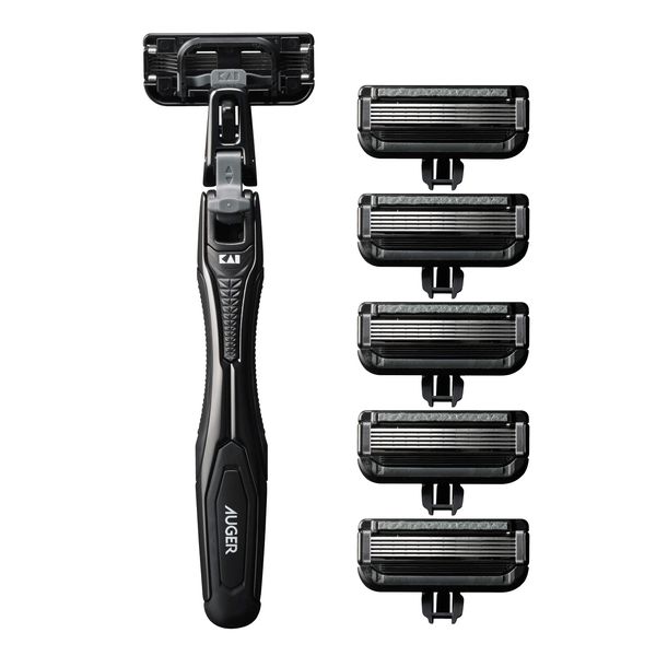 AUGER 5-Blade Razor, Combo Pack, Holder + 6 Replacement Blades Included (Kai Corporation) AUGER Shaving Replacement Blades for Men and Men)