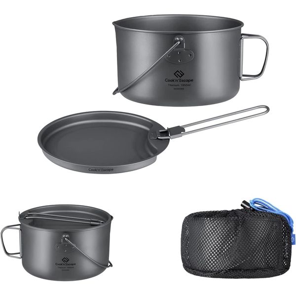 Cook 'N' Escape Titanium Cooker Set, Ultra Lightweight, Camping Cooker, 2-Piece Set, Frying Pan, Outdoor Cookware, Picnic, Solo Set, Camping Equipment, Pot for Mountain Climbing, Storage Bag Included [Multi-functional, 65.9 fl oz (1950 ml)]