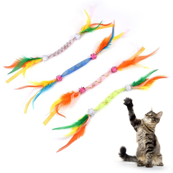 TUSATIY Cat Feather Toys with Bell 4Pack, Colorful Cat Teaser Cat Springs Ribbon Toys,Interactive Cat Toys for Indoor Cats Kitten, Suitable for Cats Bite & Hunt