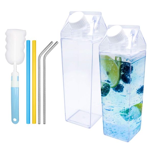 Bac-kitchen 2 Pack 17oz Milk Carton Water Bottle - Clear Square Milk Bottles BPA Free Portable Water Bottle with Straw and Bottle Brush for Outdoor Sports Travel Camping Activities