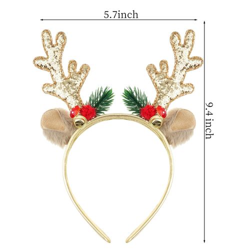 Christmas HeadbandsGlitter Reindeer Antlers Headbands for Adults Kids Party Costume Accessory (Gold)